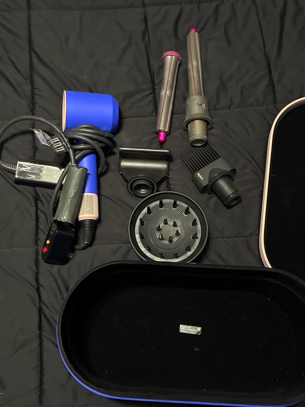 Dyson blue and pink hair styling set with attachments